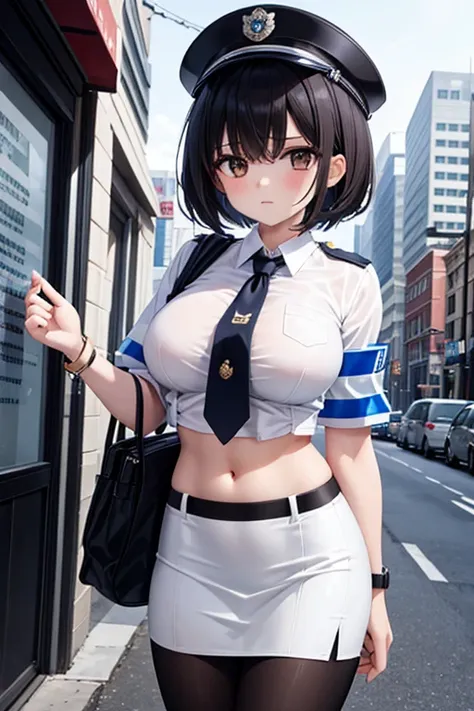 1 girl, best quality, masterpiece, 8K, cute, shiny skin, police uniform, white shirts, cropped shirts, collared shirts, (navel:1.2), midriff, bare stomach, midriff jacket, necktie, pencil skirt, pantyhose, police hat, armband, huge breasts, short hair, bla...