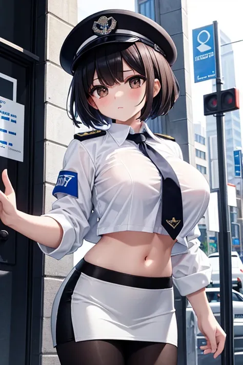 1 girl, best quality, masterpiece, 8K, cute, shiny skin, police uniform, white shirts, cropped shirts, collared shirts, (navel:1.2), midriff, bare stomach, midriff jacket, necktie, pencil skirt, pantyhose, police hat, armband, huge breasts, short hair, bla...