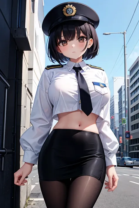 1 girl, best quality, masterpiece, 8K, cute, shiny skin, police uniform, white shirts, cropped shirts, collared shirts, (navel:1.2), midriff, bare stomach, jacket, necktie, pencil skirt, pantyhose, police hat, armband, huge breasts, short hair, black hair,...