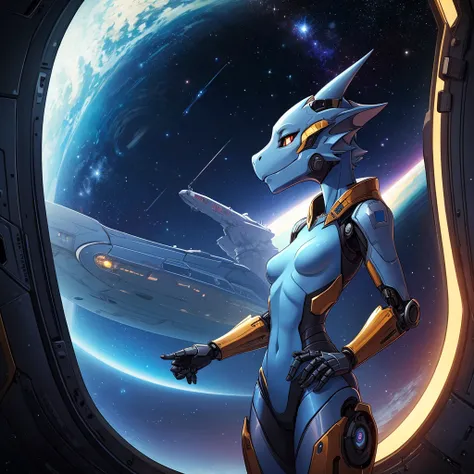 single female, furry, metallic, light blue, robotic, anthro, kobold, short, small breasts, thin body, standing in space ship, facing viewer, sultry look, , science fiction, looking out window, galaxy, stars, high quality, masterpiece, dark lighting,
