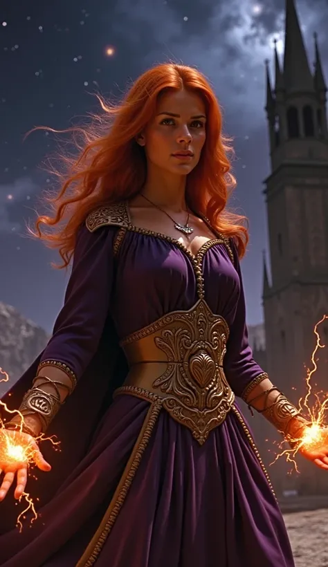 DVD ScreenGrab, from a 1982 dark fantasy film, featuring a female character with full orange skin, fiery red hair, and a determined expression. She is wearing a dark purple, medieval-inspired hero outfit with ornate golden accents, and her hands are crackl...