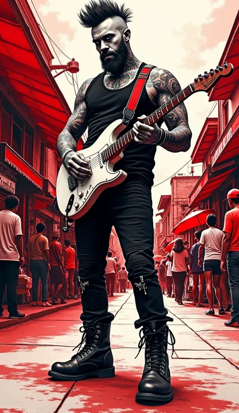 The image shows a red and black ink illustration of a handsome Bogota punk man, beard, punk haircut, high punk boots, lots of tattoos, dressed as a street clown, playing electric guitar on a Bogota street with lots of street vendors and people. Conceptual ...