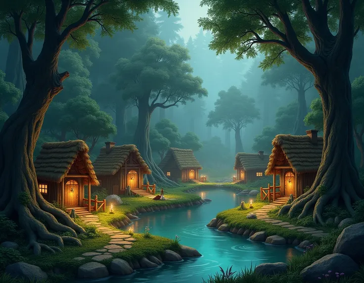 Faelwood is a small, rustic village nestled on the edge of a dense, enchanted forest. The village is surrounded by towering, ancient trees with thick canopies, their roots snaking across the ground. The architecture consists of wooden houses with thatched ...