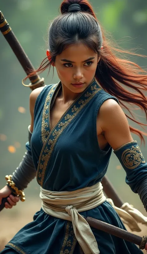 fantasy action.Indonesian style female warrior. Lasmini in the Brama Kumbara series, has reddish black hair tied in a ponytail, wearing a dark blue warrior costume from the Majapahit kingdom, with a white waist scarf, sleeveless and intricate gold accents,...