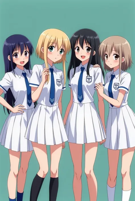 there are four girls in white dresses and blue ties posing for a picture, wearing school uniform, wearing a school uniform, school uniform, high school girls, jk uniform, white uniform, wearing headmistress uniform, girl wearing uniform, blue uniform, wear...