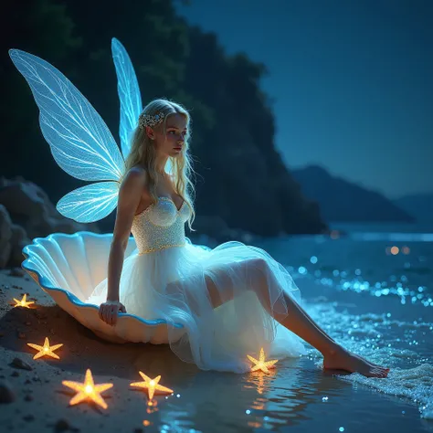 Fairy on the Beach at night: A beautiful blonde teenage fairy with wings resting on a giant shell shining at the edge of the sea surrounded by many fluorescent shells and starfish shining on the shore of an island. your dress shines magically