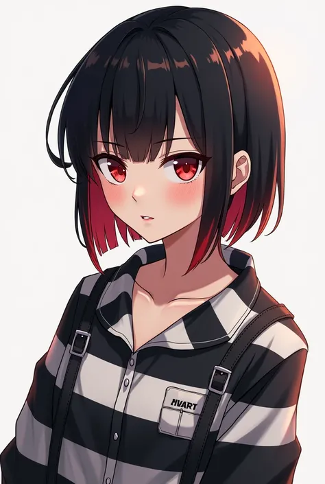 I want one with short straight black hair with the tips of red hair and the clothes of convicts with an anime appearance
