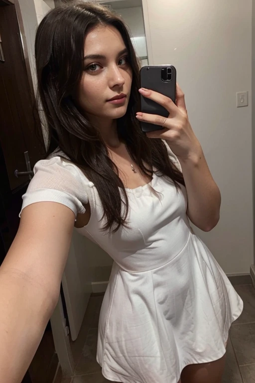 Dark brunette selfie in a white dress