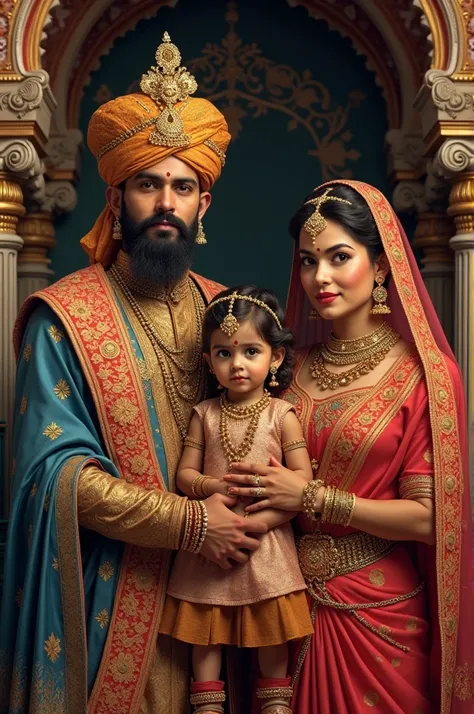 Create a vibrant family portrait of Maharana Udai Singh II, Maharani Jaywanta Bai, and a young Maharana Pratap. Depict the royal Rajput family in traditional attire inside a regal setting, with intricate palace details and a warm, familial atmosphere.