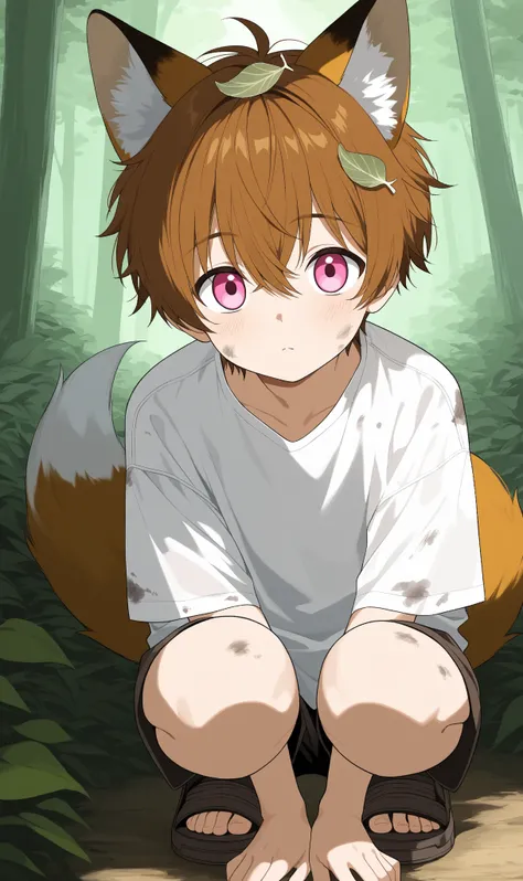 1boy,Pink Eyes, Fox Ears,brown hair,white ends of hair,muliticolored hair,looking at viewer,cute boy,white shirt,forest background,Anime, Anime Style,13year old boy, full body,wolf tail,black tip on tail,sitting or crouching, sea weed on hair,dirty clothes...