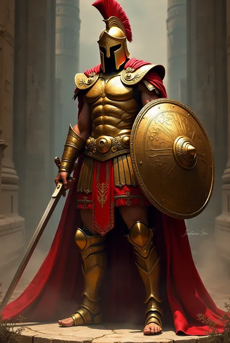 Spartan warrior with golden armor and red details with sword and written in gold on his shield the word GHOM and his face covered by a shadow 