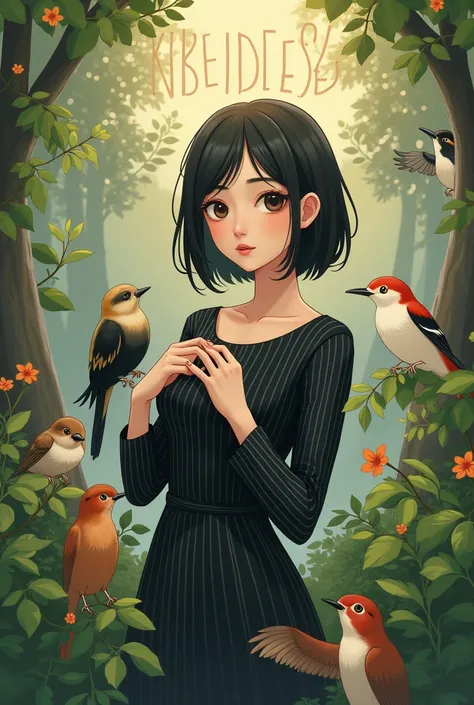 1woman, Generate an image of a kindness woman with dark hair styled in a bob, light tan skin, She should have pale skin, interaction with cute animals, forest animals, interaction with birds, black long sleeved pinstripe dress, kindness, garden, angelic, k...