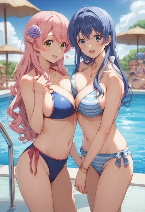  Beige Pink Hair,  blue hair, long hair,  , beautiful, 輝く瞳, star々, Idol, ２people々, 女の子2people,  long pink hair, swimsuit, bikini, top quality, night pool,日本people,cute,Big Breasts,細部までこだわったbeautiful顔