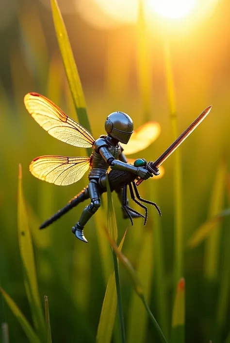 "Macro photograph of a miniature warrior in silver armor, riding a vibrant dragonfly through a field of tall grass. The warrior wields a tiny, glowing sword, reflecting the sunlight, and the dragonfly’s wings shimmer with iridescence. Each vein of the wing...