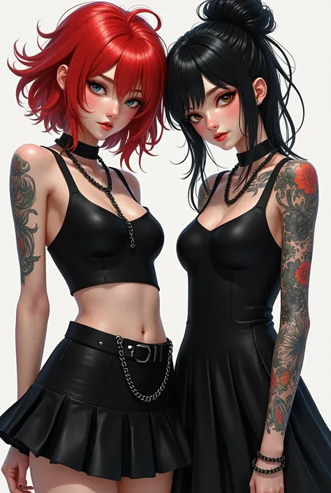 A girl with red hair small black top with a black skirt a chain and tattoos and another girl with black hair dress up in a masculine way with tatoo 