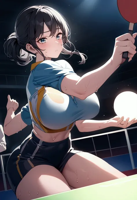 male Table tennis player,Table tennis,Teenage Girl,At the Table tennis venue,Cinematic Light,詳細なbeautiful顔, cute face, have small heads, detail eyes, Detailed Black Hair , Big Breasts, Thin Waist ,Nice legs,Detailed realistic skin,sweat, TONE UP ,nice,beau...