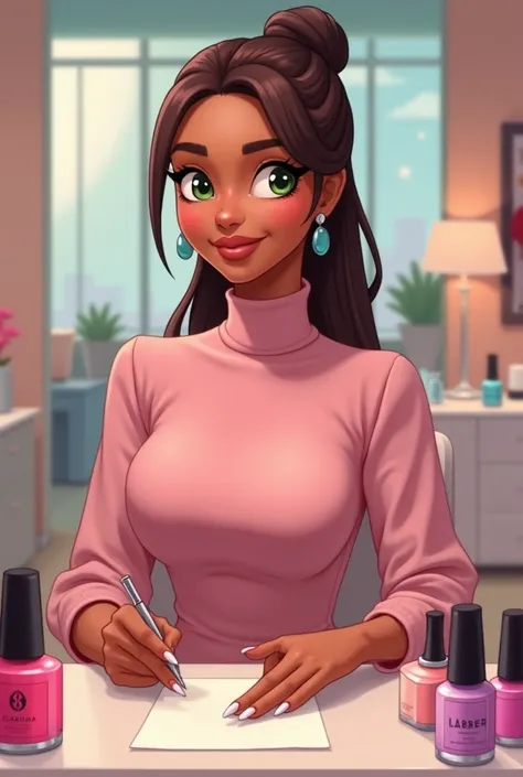  23 years old 
Clarinha brown skin 
Fortina 
Straight tied brown hair 
Beautiful smile 
Bright green eyes 
Pink turtleneck dress 
Sitting at a nail table holding sandpaper 
A background that looks like a hall 
And on the table several nail polishes 
