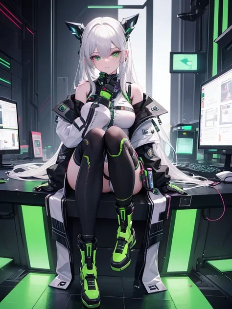 (masterpiece,  top quality),  ultra detail,  complete cyberpunk girl, Waiting for a tech challenge , White Hair, Glowing green eyes,  Cute Girl Outfits ,  cyber tech boots ,  high definition ,   digital painting, 8k  high definition , trending art station,...