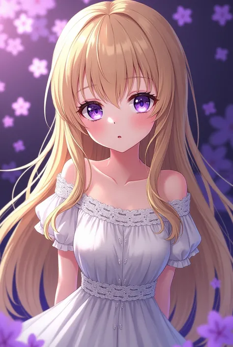 , girl, elegant and mysterious appearance ,  has long blond hair that falls on her shoulders, her eyes are striking like the amethyst gem , white dress with lace , background with flowers the color of your eyes ,  character design, 