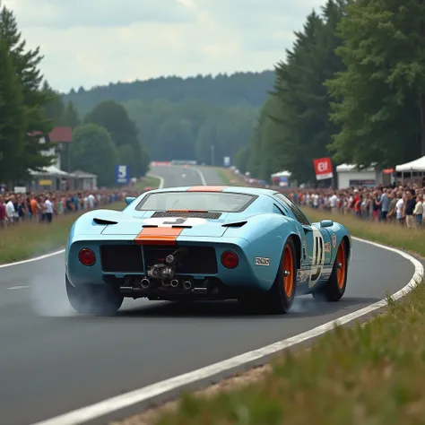 A 1967 Ford GT40 Mk4 rides the 24 Hours of Le Mans race track in the 60s