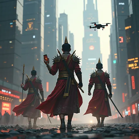 Thai warriors of the Krungsri era came to a world full of technology. Among the cities of the future, their left hand held a smartphone, their right hand held a sword, a drone hovering in the sky.