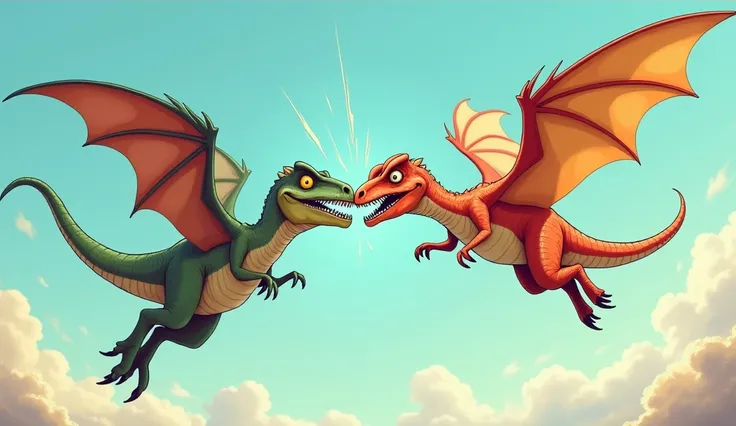 create two caricatured flying dinosaurs facing each other as a symbol of competition by clashing heads 