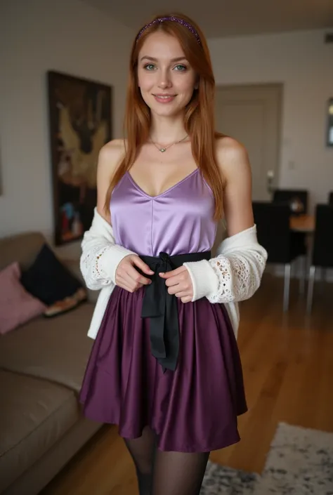 ultra Realistic upper body of a beautiful young  red haired German woman with long hair, headband, Necklace, smile. Beautiful legs and high heels , She stands in the livingroom, She wears a light purple satin spaghettistraptop and a tight, dark purple high...