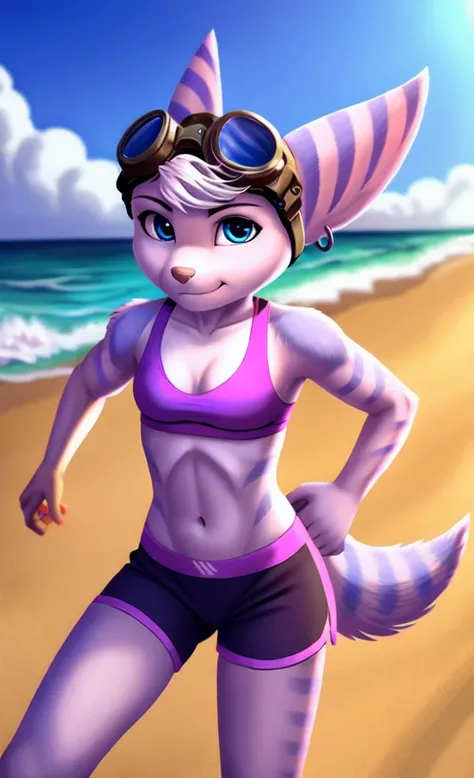 Rivet, tail, furry girl, 1girl, solo, young, pink sport shorts, pink sport bra, ocean background, running on the beach, detailed body fur, detailed body, detailed eyes, detailed face, athletic, skinny, high quality, masterpiece, small breasts, goggles, loo...