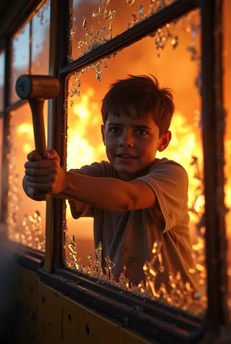 A 1 boy , and glass crac , trying to break the glass of burning bus with hammer inside the bus 