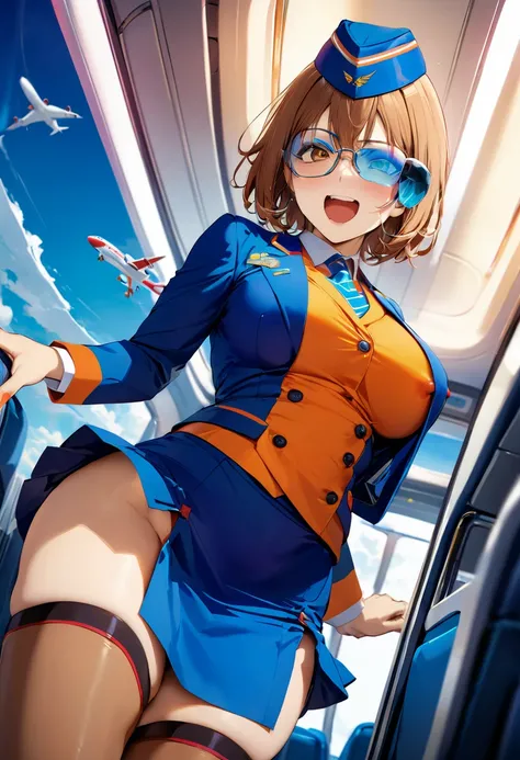 masterpiece,best quality,ultra detailed,8K,super fine illustration,highly detailed beautiful face and eyes,perfect anatomy,professional lighting,1 flight attendant,microskirt and boots uniform, big breast, covered nipples, ligth brown eyes, orange and blue...