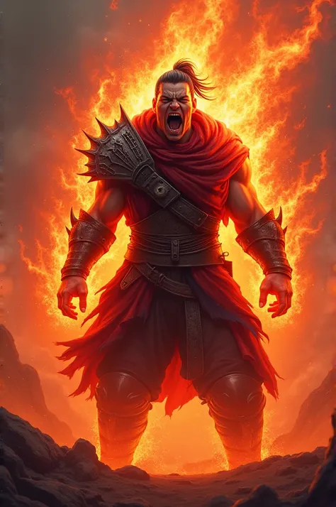  Strong and fierce warrior ,  wrapped in a kind of fire-red aura, screaming in anger .  His hair is black and tied .  He has some scars from the battles .