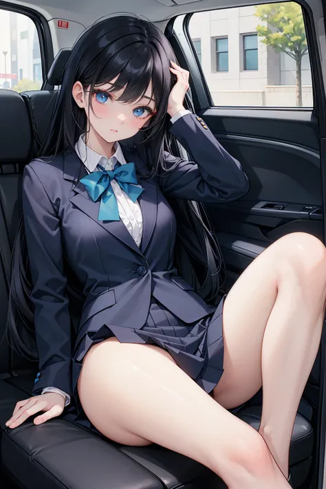 High school students ， already, Black Hair ， With warm blue eyes ， Wore a brand new blue suit and black heels ， Pure white collar and bright green bow 。 has long Black Hair and warm blue eyes ， Lean back in the car seat ， Pose Alluring , spread legs , lowe...