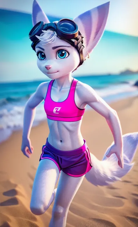 Rivet, tail, furry girl, 1girl, solo, young, pink sport shorts, pink sport bra, ocean background, running on the beach, detailed body fur, detailed body, detailed eyes, detailed face, athletic, skinny, high quality, masterpiece, small breasts, goggles, loo...