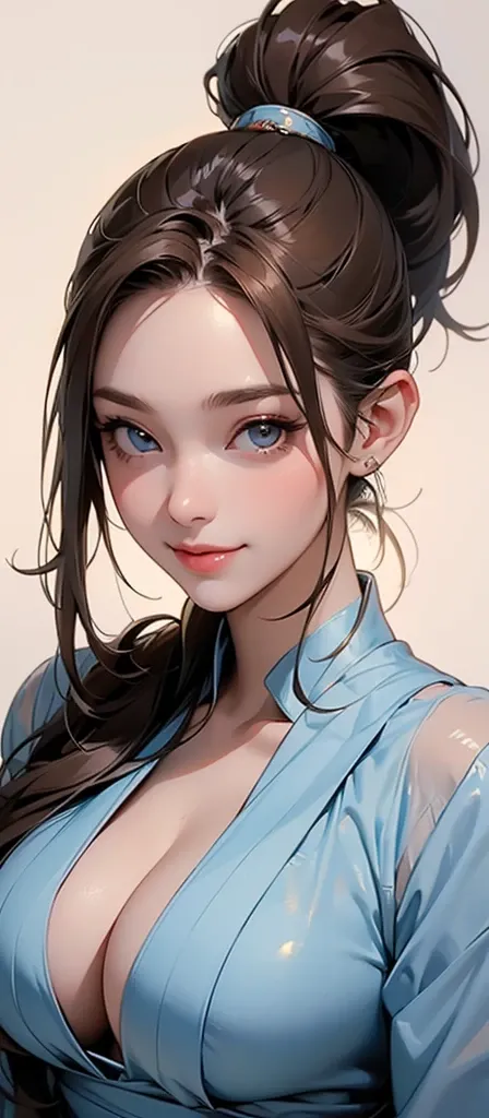 ((masterpiece)), (( top quality)), ( portrait of a beautiful girl),  perfectly detailed eyes ,  perfectly detailed face,  super detailed nose,  Japanese　Big Breasts　　 model body type　Brown Hair　clear　 cleavage　suit　 Ponytail　 sexy smile