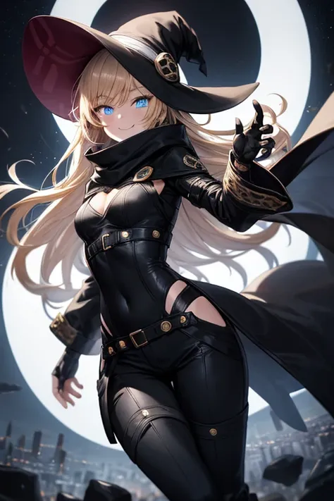 ((best quality)), ((masterpiece)), (detailed), 1 girl, 1, Smiling face, Blue eyes, Blonde hair, Straight hair, Long hair, Bangs, Hair ornaments, Star hair ornaments, Medium breasts, American shot, Slim body, long black scarf, bandage covering mouth, hood b...