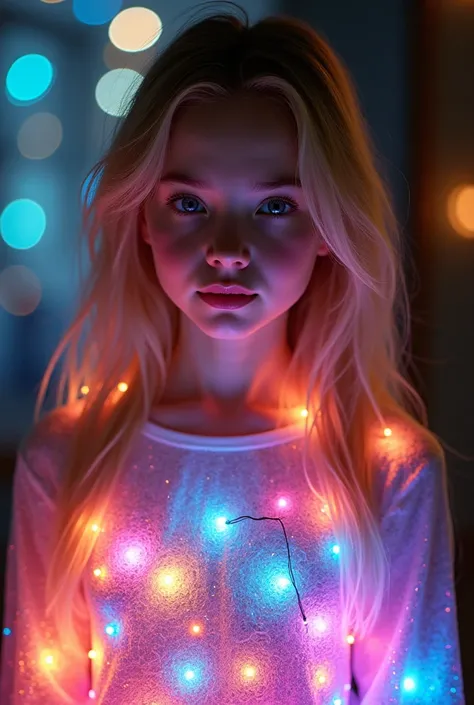 an 18 year old blonde girl wearing a dress made solely out of colorful lit Christmas lights