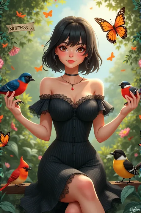 1woman, Generate an image of a kindness woman with dark hair styled in a bob, light tan skin, She should have pale skin, wearing a fitted, vintage long sleeved black dress with lace details, and a charming, si ightly mischievous smile." Playing butterflies...