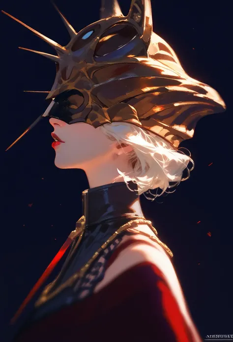 ((best quality)), ((highly detailed)), ((masterpiece)), 1boy, only, alone, eyes covered by the mask, view of the face from the side, straight hair, perfect lips, red lips, female appearance, shades,