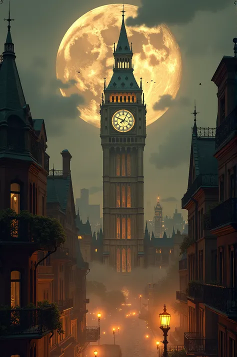 ((high quality)), ((detailed)), night time, city light, cityscape, victorian, steampunk, classic, analog, clock tower, brown hue atmosphere, angle from above