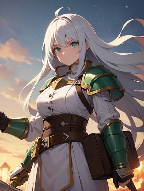 (masterpiece,  top quality),  ultra detail, White Hair,  green eyes,  giant gauntlet,  equipped with a giant hammer , 8k high resolution.
