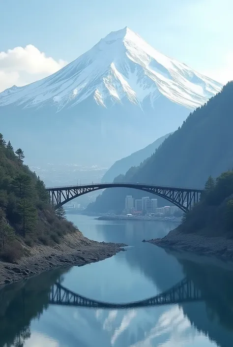 Scenic view of Tateyama Mountains and Shinminato Bridge in Imisu City, Toyama Prefecture, Japan