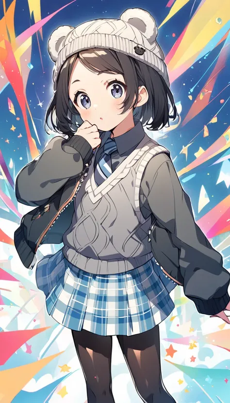 hyper cute anime style illustration, one girl, black-hair, short-bowlcut-hair, petite girl, bear-ears-shaped-(knit-cap), shiny black pantyhose, gray-shirt, tie, vest, Gingham-patterned skirt, 