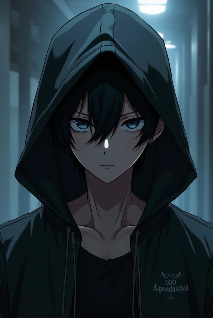 male character with black hair and hooded Anime style jacket
