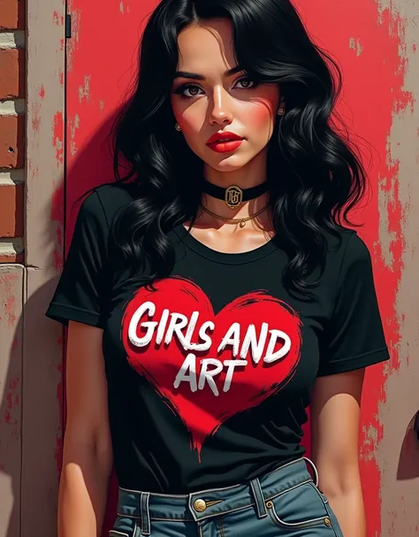 beautiful 25 year old woman , ((( big breasts))),  black hair, woman in rock style , black GirlsAndArt t-shirt with heart print.