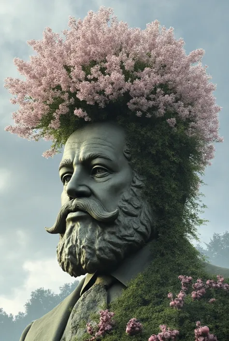 Apple trees in bloom growing on top of the head of a giant stature of Karl Marx