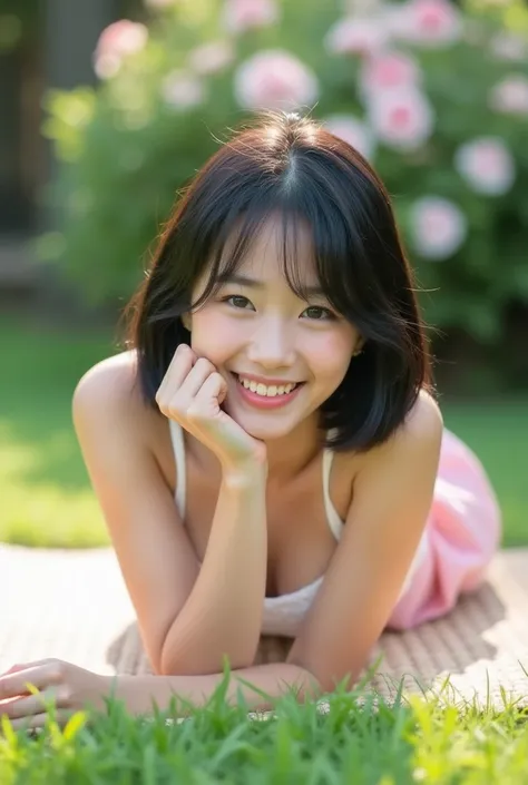 A beautiful sweet-faced Japanese young woman, 19 years old, with a slim figure, wearing a white lace tank top and a short pink skirt above the knee. Her short black hair falls freely just above her shoulders with a neat forehead-revealing style, the sides ...