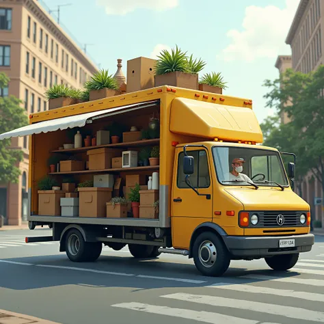 A person driving a large transport van that carries different objects of home comfort from one specific point to another specific point,  that dont have people on them , or boxes ,  only organic ways of carrying things inside the back containers.  I want t...