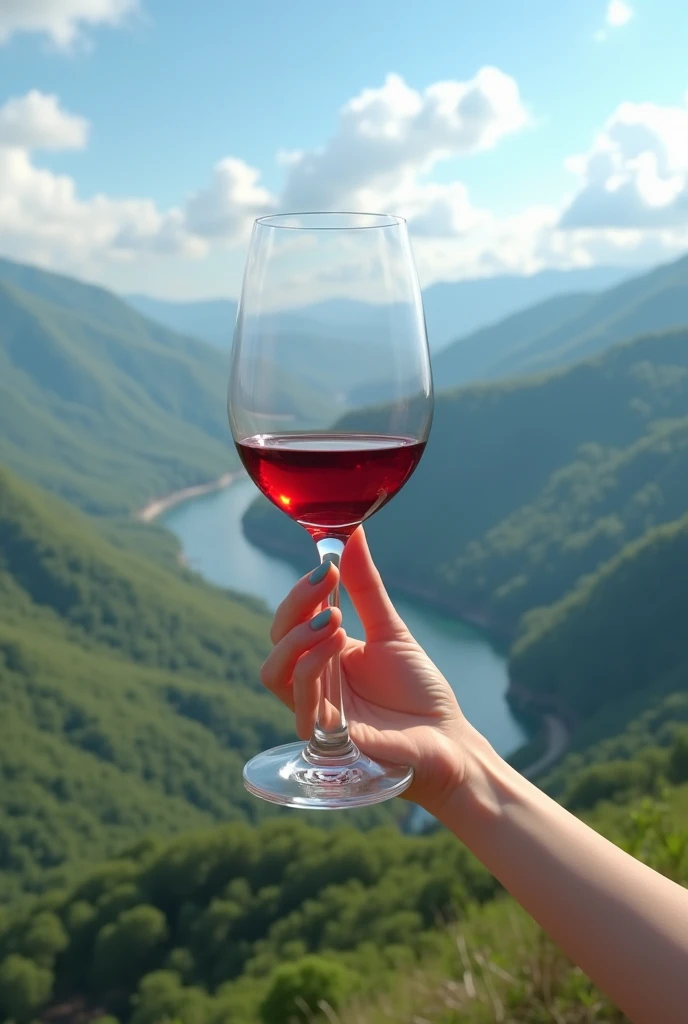 Create a brunette female hand holding a wine glass with a realistic landscape in the background, real landscape