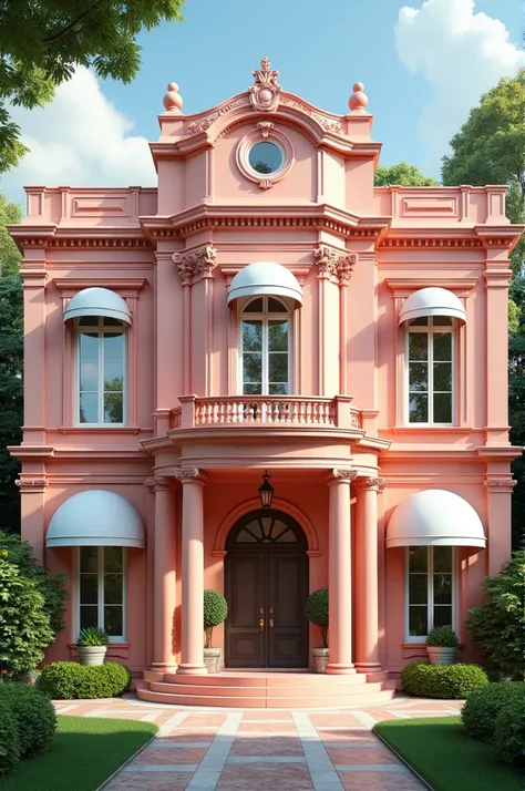 Large façade house in rose color and white marquees