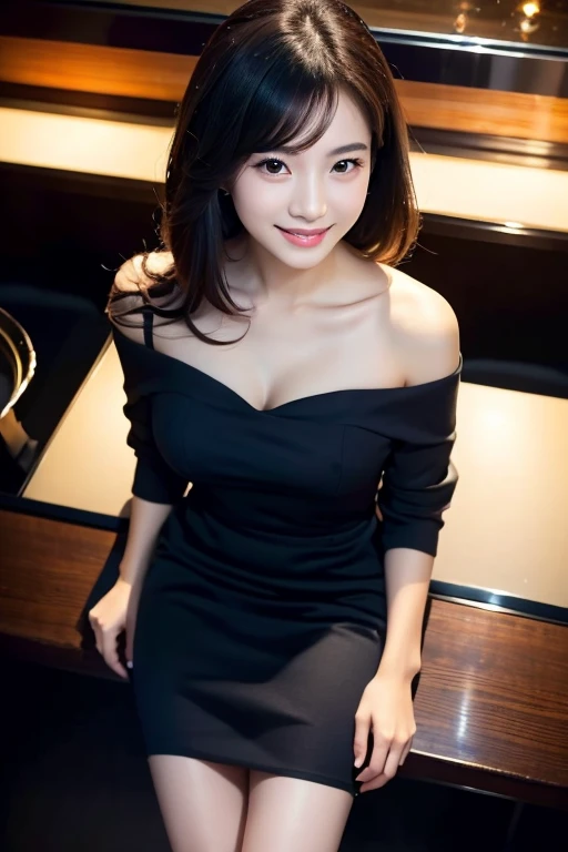 Photorealistic, high-quality 32k photo of a beautiful Chinese girl in an elegant outfit, with detailed eyes and an appreciative smile, enjoying a live jazz performance.  She’s wearing a sleek dress with modest jewelry, her hair styled in a chic bob. The im...